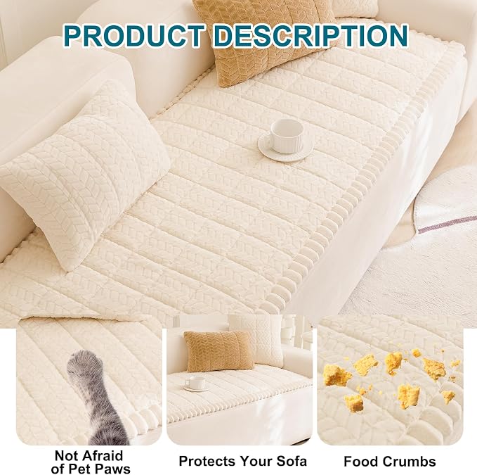 KRFOONN Couch Cover for Dogs Washable Sofa Covers for 3 Cushion Non-Slip Fuzzy Couch Cushion Covers Sofa Slipcovers Couches Furniture Protector with Elastic Straps for Dogs Pets Mat(Beige,27.6" x 59") - Image 6
