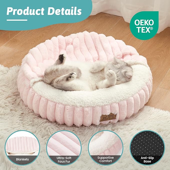 Cat Bed with Hooded Blanket, Round Fluffy Anti-Anxiety Pet Bed for Cats/Small Dogs, Cozy Donut Cuddler with Machine Washable Faux Fur & Anti-Slip Bottom(23"×23"×6",Pink) - Image 4