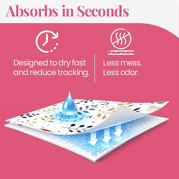 Pupiboo Disposable Dog and Cat Training Pads – Leaves Pattern, Highly Absorbent Pee Pads, Leak Proof Backing, Pheromonal Attractant for Housebreaking & Potty Training – 23x23 in (100 Count) - Image 6