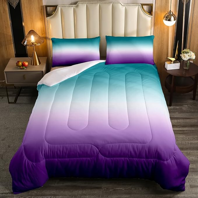 Erosebridal Ombre Comforter Set Green Purple Teal Bedding Set Queen Size Colorful Gradient Down Comforter Modern Abstract Quilt Duvet Insert Soft Warm Lightweight 1Comforter with 2 Pillow Cases - Image 2