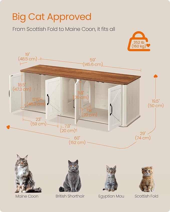 Feandrea Double Cat Litter Box Enclosure, Modern Litter Box Furniture Hidden for 2 Cats, Front Entry, Cat House, Side End Table, TV Stand, 59 x 19 x 19.5 Inches, Honey Brown, Rustic White UPCL010K01 - Image 5