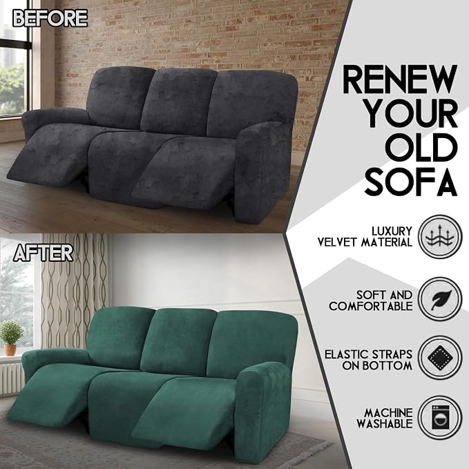 ULTICOR Velvet 8-Pieces Recliner Sofa Covers Stretch Reclining Couch Covers for 3 Cushion Reclining Sofa Slipcovers Furniture Covers Thick Soft Washable (3 Seater Recliner Cover, Retro Green) - Image 5