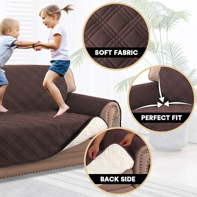 PrinceDeco 100% Waterproof Couch Cover for 3 Cushion Couch Sofa Pet Friendly Non-Slip Couch Cover for Dogs Washable Water Resistant Furniture Protector with Elastic Straps(Sofa 68", Brown) - Image 3