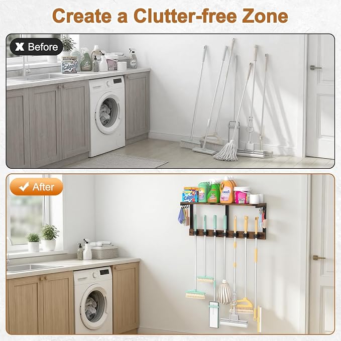Housolution Wall Mount Broom Holder Laundry Room Storage Organizer Shelves | Thickened Metal Frame, 100 LBS High Load-Bearing, Large Capacity, Multifunctional with 7 Grippers & 8 Hooks - Image 5