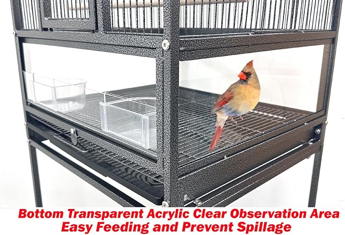 Elegant Sturdy Wrought Iron Bird Parrot Flight Cage Front Door Side Nesting Doors Acrylic Clear Bottom Prevent Food Spillage Storage Shelf Removable Rolling Stand Lockable Wheels - Image 4