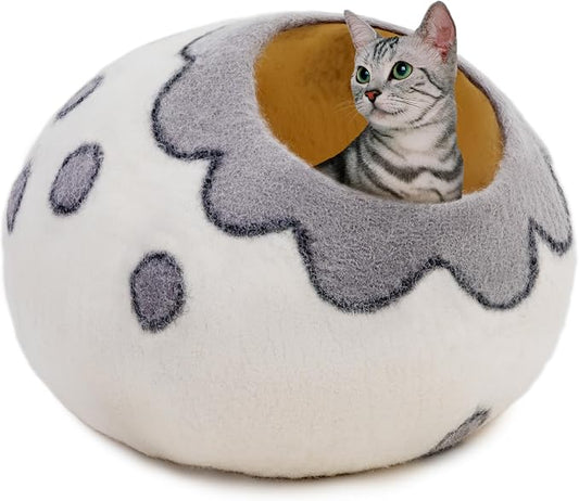 Woolygon Premium Felt Cat Cave Bed – Wool Kitty Beds Handcrafted Kitten Caves Bed for Indoor Cats - Made from Merino Wool, Foldable Cat Hideaway Covered Cat House Pod (White Flower) by Woolygon