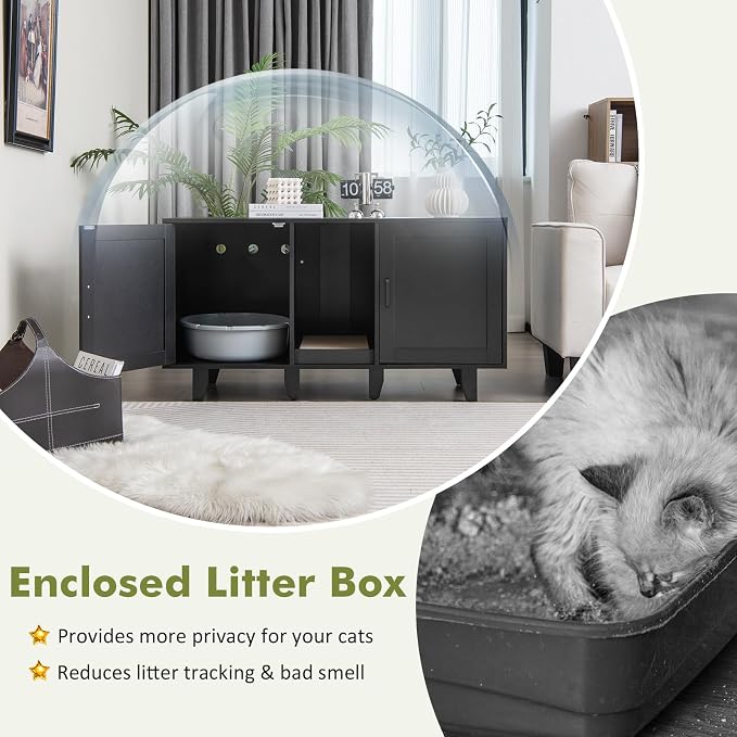Tangkula Patented Double Cat Litter Box Enclosure for 2 Cats, Large Hidden Privacy Cat Washroom Cabinet with Scratching Board, Indoor Cat House TV Stand Side Table, Litter Box Furniture (Black) - Image 7