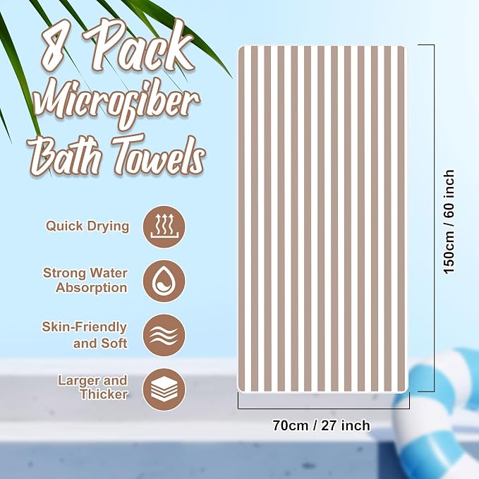 SmoothNovelty 8 Pack Microfiber Bath Towels Bulk 27'' x 60'' Oversized Bath Towel Highly Absorbent Extra Large Shower Sheets Soft Drying for Beach Pool Bathroom Salon Party(Khaki) - Image 2