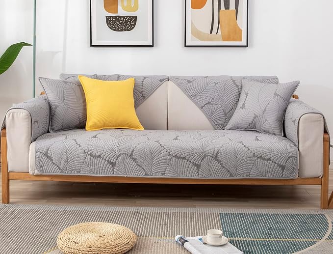 Solid Color Leaf Cotton Quilted Sofa Covers Anti-Slip Soft Sectional Couch Cover Washable Sofa Slipcover for Dogs Cats Pet (Grey,36''x94'') - Image 2