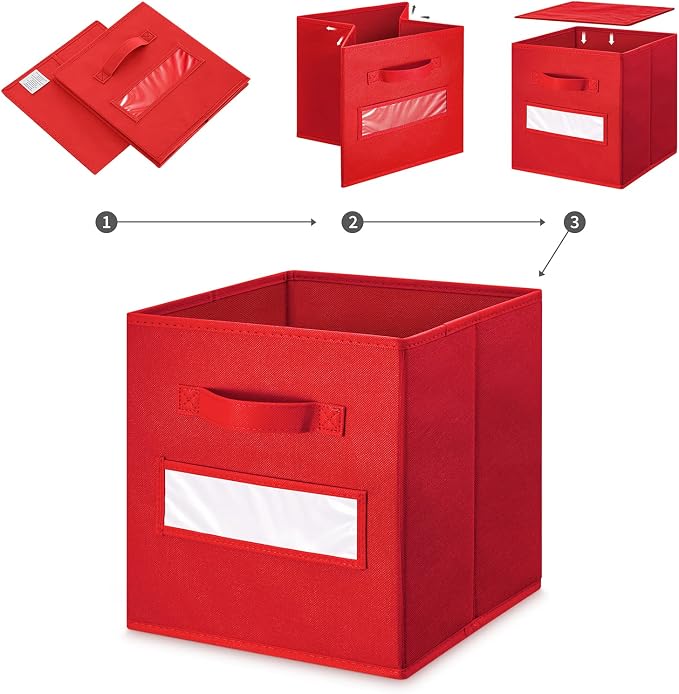 11 Inch Storage Cube,Storage bin,cube storage (Set of 10) Foldable Fabric Cube Storage Bins with 10 Labels Window Cards & a Pen,Baskets Containers for Shelves,Closet Organizers Box,Red - Image 4