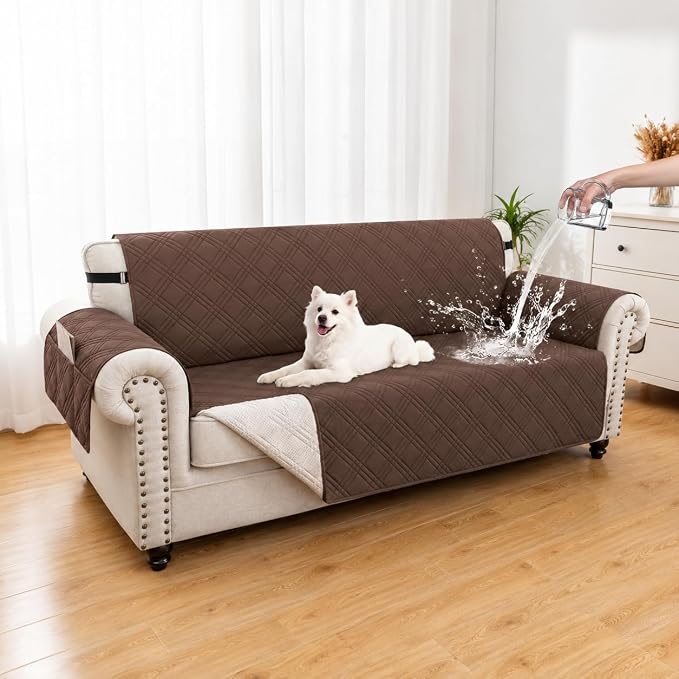 100% Waterproof Couch Cover for Dogs, Washable Anti-Slip Sofa Cover with Elastic Straps & Side Pockets, Quilted Furniture Protector for Kids & Pets (3 Cushion 68", Darkbrown) by Unknown