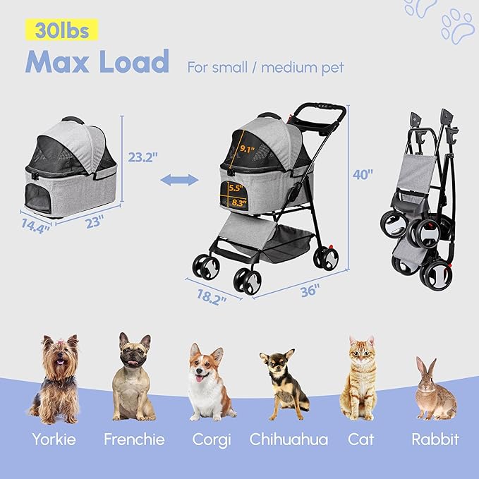Pet Stroller 4 Wheels Dog Cat Stroller for Small Medium Dog Cats Carrier Jogger Travel Foldable Puppy with Detachable Carrier