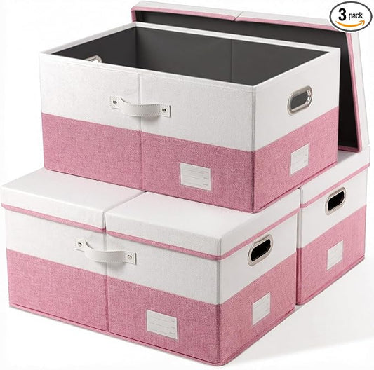 PRANDOM Storage Bins with Lids [3-Pack] Linen Fabric Foldable Storage Boxes Organizer Containers Baskets Cube with Cover for Bedroom Closet Office White&Pink (23.4X15.9X11.4) by Prandom