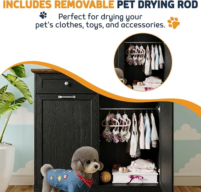 Double Door Dog Feeding Station with Storage, 10 Gallons Tilt Out Trash Can Cabinet, Dog Food Cabinet with Dog Bowls, Pet Organizer Cabinet for Kitchen/Living Room (Black, Double Door) - Image 6