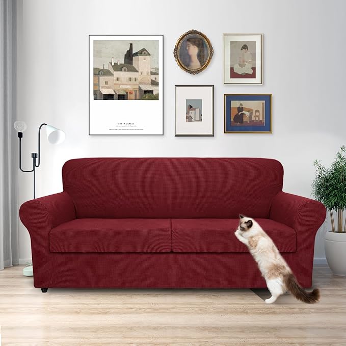 MAXIJIN 3 Piece Couch Covers for 2 Cushion Couch Super Stretch loveseat Sofa Cover for Dogs Pet Proof Furniture Protector Non Slip Couch Slipcover Washable (Wine Red, 71"-91"(2 Cushions)) - Image 2