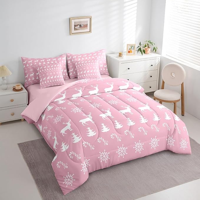 Erosebridal Christmas Twin Bedding Set 7 Piece,Xmas Elk Deer Bed in A Bag,Candy Snowflake Comforter Set Pine Tree Woodland Animals Sheet Set with Comforter,Pink Christmas Decoration - Image 4