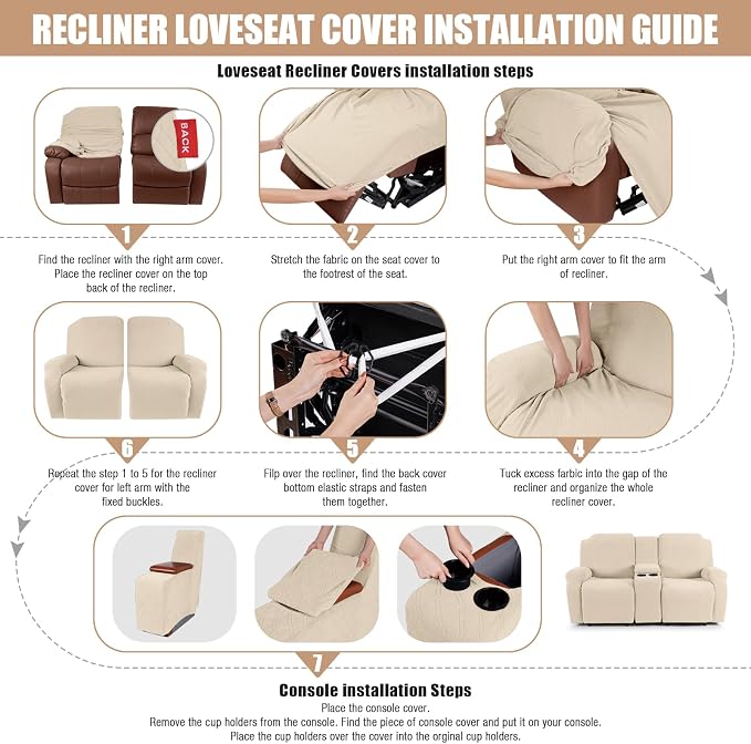 VANSOFY Recliner Loveseat Cover with Middle Console Stretch Reclining Sofa Slipcover for 2 Seat Jacquard Reclining Couch Sofa Covers Furniture Protector with Elastic Straps Bottom (Cream) | 4-Pieces, Soft Furniture Protector, Washable Slipcover with Po... - Image 6