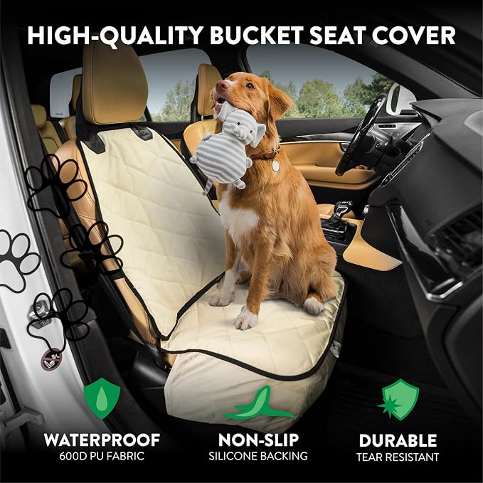 Plush Paws Products Premium Bucket Car Seat Protector | Diamond Stitching | Washable & Waterproof Front Seat Dog Cover Car, Truck, & SUV | Nonslip, Tear Resistant Pet Passenger Seat Cover | Tan - Image 2