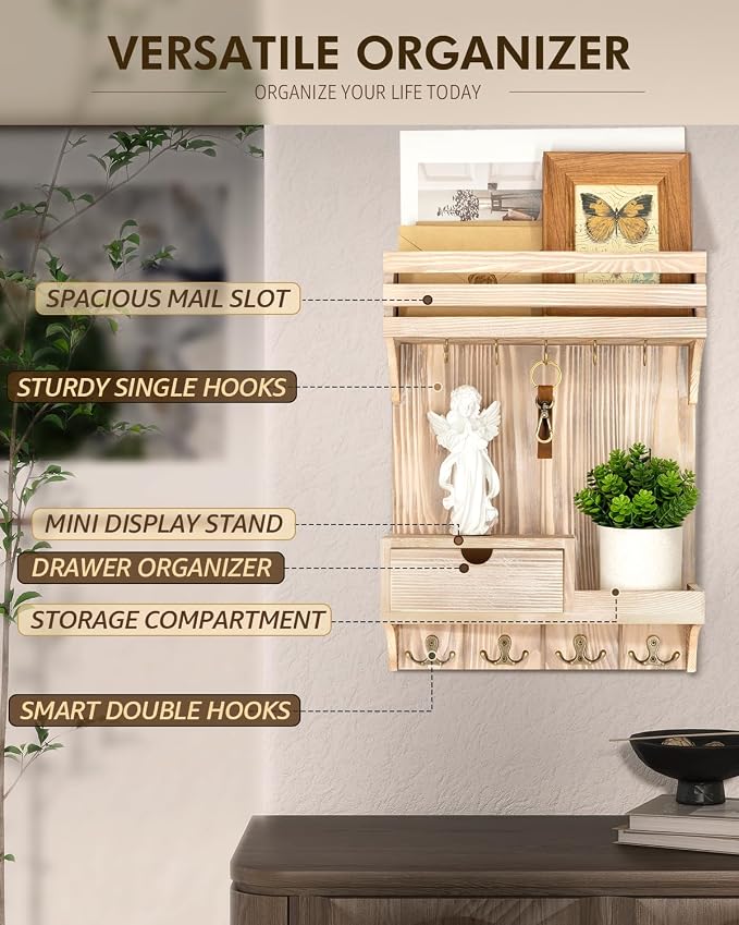 Rebee Vision Key Holder Wall Mount with Drawer for Entryway, Natural Wood | Key Holder for Wall, 9 Key Hooks, Wall Shelf, Drawer Organizer, Mail Sorter, Key Hanger Home Decor, Decorative Home Storage - Image 4