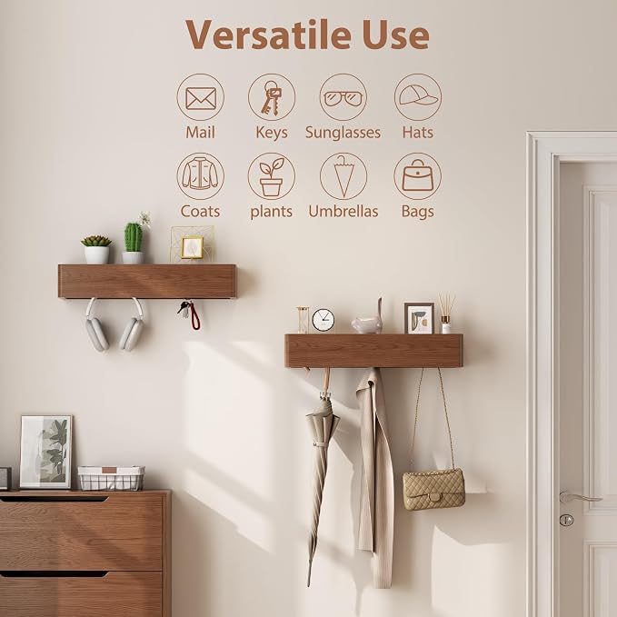 CycleCrew Solid Wood Wall Mounted Coat Rack with Shelf Hooks - Modern Floating Shelves with 5 Hidden Hooks, Heavy Duty Entryway Coat Key Holder Hanger for Hallway Bathroom Bedroom Home Decor - Image 3