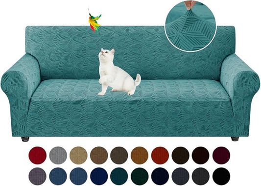 YEMYHOM 1 Piece Stretch Couch Covers for 3 Cushion Couch, Jacquard Sofa Cover with Non-Slip Elastic Bottom, Thickened Slipcover Furniture Protector for Dogs Pets (Large, Peacock Blue） by YEMYHOM