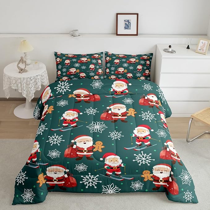 Erosebridal 7Pcs Cartoon Santa Claus Comforter Set Full Size,Xmas Gingerbread Bedding Set,Christmas Snowboard Snowflake Bed in A Bag,Cute Christmas Ornaments Quilt with Flat Fitted Sheet - Image 2