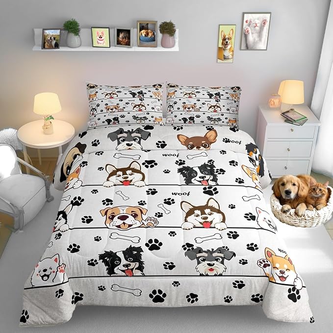 Manfei Cartoon Puppy Bedding Set for Boys Girls,Paw Print White All Season Cozy Comforter Set Full Size,Cute Dog Pet Animals Duvet Set Bedroom Decor,Festival Gifts by Manfei