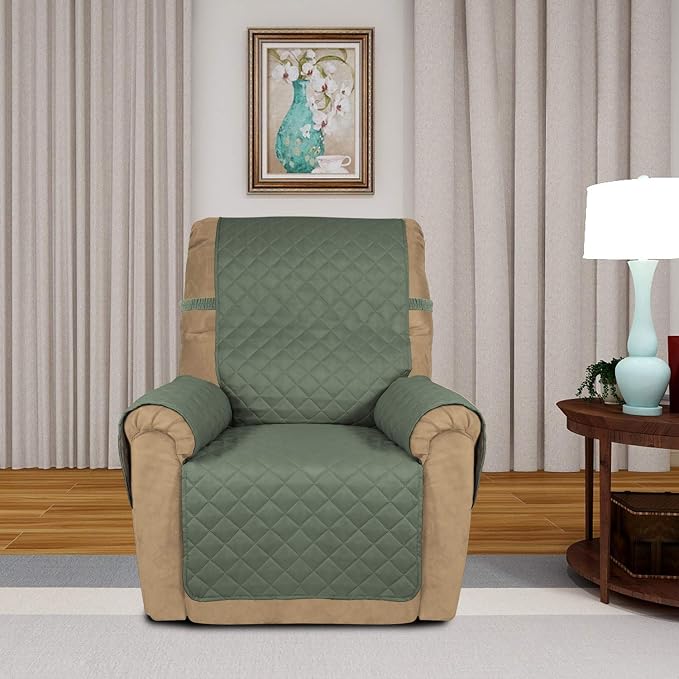 PureFit Reversible Quilted Recliner Sofa Cover, Water Resistant Slipcover Furniture Protector, Washable Couch Cover with Elastic Straps for Kids, Dogs, Pets (Small, Greyish Green/Beige) | Greyish Green/Beige, Water Resistant Couch Protector, Washable P... - Image 2