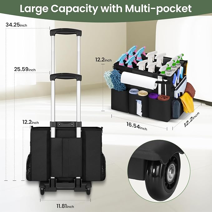 Large Rolling Cleaning Caddy with Detachable Trolley for Housekeeper | Large Capacity Cleaning Supply Organizer Bag with Wheels, Multiple Pockets, Water-resistant - Image 7