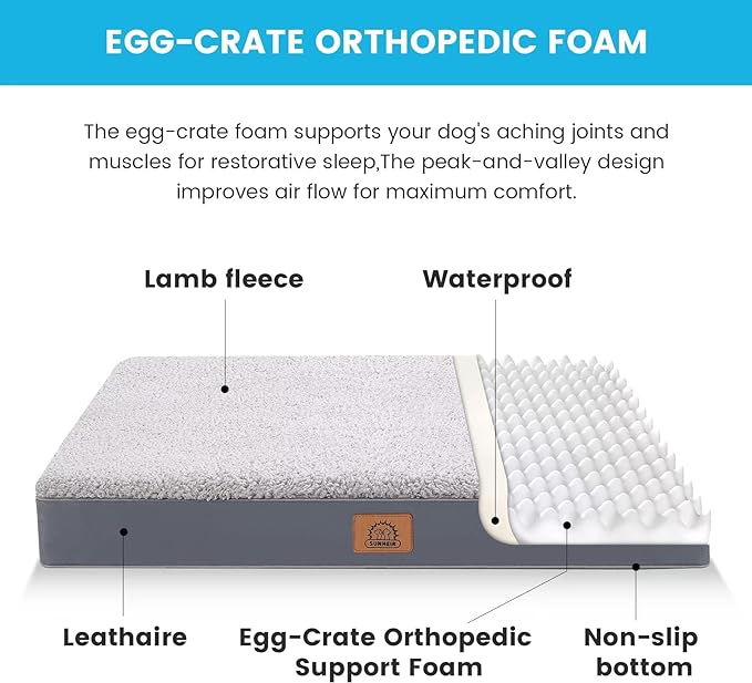Sunheir Washable Orthopedic XL Dog Bed Extra Large Waterproof Dog Crate Bed | Removable Cover, Egg Crate Foam Support, Easy-Clean, Anti-Slip Bottom, Machine Washable Soft Pet Bed Mat for Crate, 36" Grey - Image 2