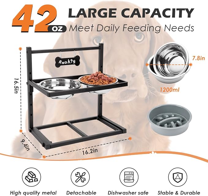 ADENGL Elevated Dog Bowls with Slow Feeder Dog Bowls, 5 Height Adjustable Raised Bowl Stand with 2 Stainless Steel Food & Water Container, Pet Bowl Elevated for Medium Large Pet - Image 5