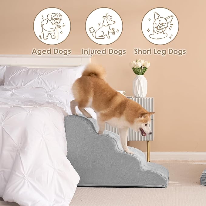 EHEYCIGA Curved Dog Stairs Ramp for High Beds 19.7" H, 4-Step Dog Steps for Small Dogs and Cats, Pet Stairs for High Bed Climbing, Non-Slip Balanced Pet Step Indoor, Light Grey - Image 4