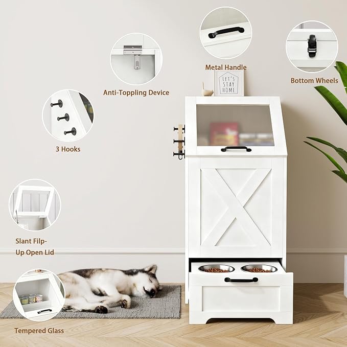 Dog Feeding Station with Storage Cabinet and 2 Elevated Dog Bowls, Hidden Pet Food Storage Organizer for Dog &Cat,Modern Dogs Furniture (White) - Image 5