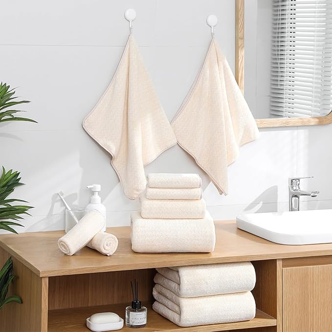 Ycosy 18 Piece Bath Towels Set,100% Microfiber Family Bathroom Towel with Hanging Loops-6 Bath Towels,6 Hand Towels,6 Washcloths,Quick Dry Highly Absorbent Shower Towel for Bathroom,Hotel,Spa-Beige - Image 4