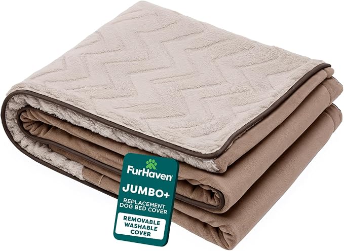 FurHaven Dog Bed Cover Replacement, Sofa-Style Design with Soft, Breathable Fabric for Cozy Comfort, Machine Washable, Jumbo Plus XXL, Plush & Velvet Waves, Brownstone by FurHaven