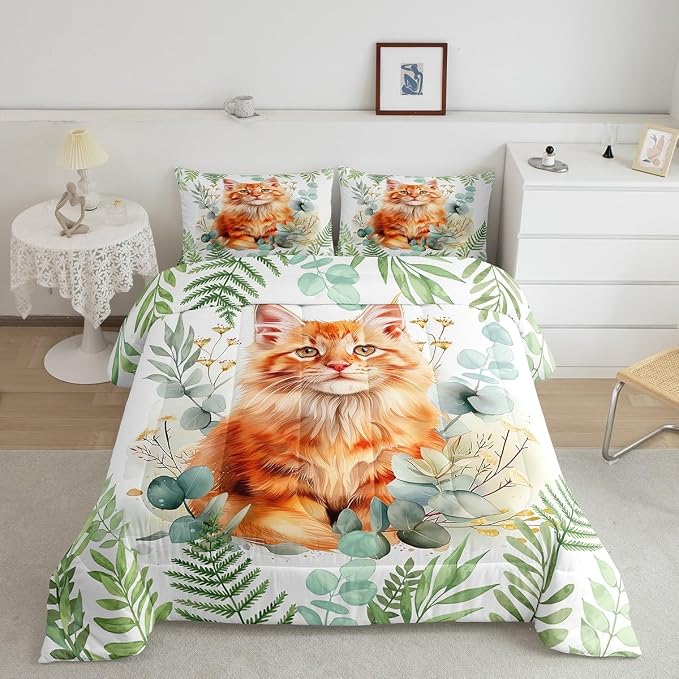 Manfei Kawaii Cat 3 Pcs King Size Comforter Set,Cartoon Kitten Pet Theme Down Alternative Adults Bedroom Decor,Watercolor Floral Flower Ultra Soft Microfiber Inner Fill 3Pcs Bedding by Manfei