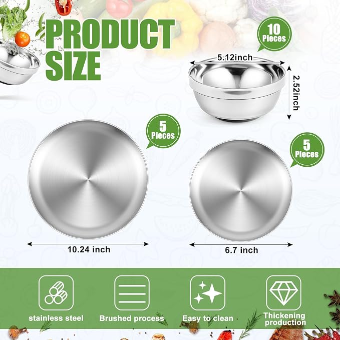 Sunnyray 10 Sets Stainless Steel Plates and Bowls 6.7, 10.2 Inch Metal Camping Plates Reusable 13oz Steel Snack Bowls Feeding Serving Dinner Dishes Double Walled Insulated for Men Women Kids - Image 2