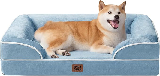 EHEYCIGA Orthopedic Dog Beds Large Sized Dog, Waterproof Washable Pet Bed | Non-Slip Bottom and Egg-Crate Memory Foam Dog Couch Bed with Washable Removable Cover, Washed Blue by EHEYCIGA