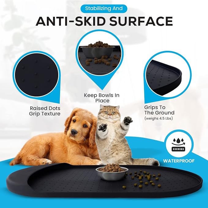Dog Food Mat - 32” x 19” Pet Feeding Mat with Residue Collection Pocket - Large Silicone Dog Mat for Food and Water - Waterproof Dog and Cat Bowl Mat, High Edges to Prevent Spills, Black - Image 5
