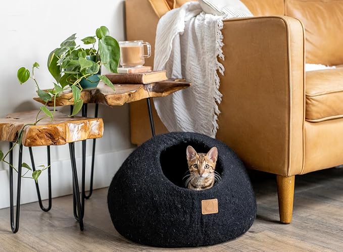 Handcrafted Wool Cat Cave Bed - Perfect Hideaway for Your Feline Friend - Quiet/Warm for Sleeping & Relaxing - Love Your Pet Dog or Cat - 100% Organic Felt - Ethically Sourced (Black) - Image 3