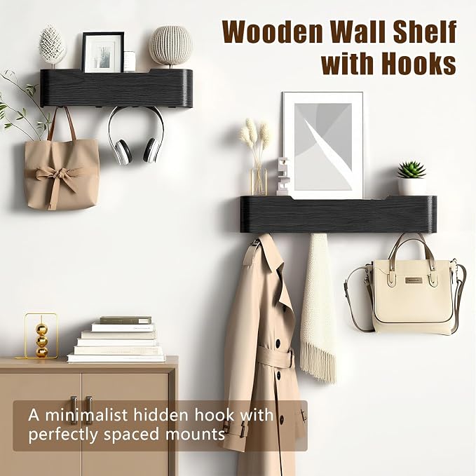 Coat Rack Wall Mount with Hidden Hooks, Wall Hooks with Shelf, Wall Key Holder Mount Wooden Shelf Entryway Hooks for Bedroom Bathroom for Hanging Coats Hats Bags Towels (Black, 5 Hooks) - Image 7