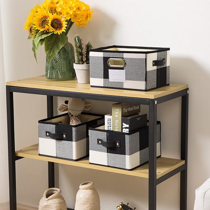 PRANDOM Fodable Storage Bins for Closet [3-pack] Decorative Fabric Storage Baskets Cubes with Leather/Metal Handles for Shelves Bedroom Living Room Black and White Grid (11.5x8.5x6.7 Inch) - Image 2