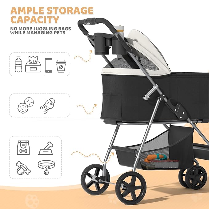 Magshion Foldable Pet Stroller, 3-in-1 Dog Travel Jogger with Detachable Carrier, Cup Holder, Storage Basket, Folding Carrier for Small/Medium Dogs & Cats Up to 33 lbs, Black