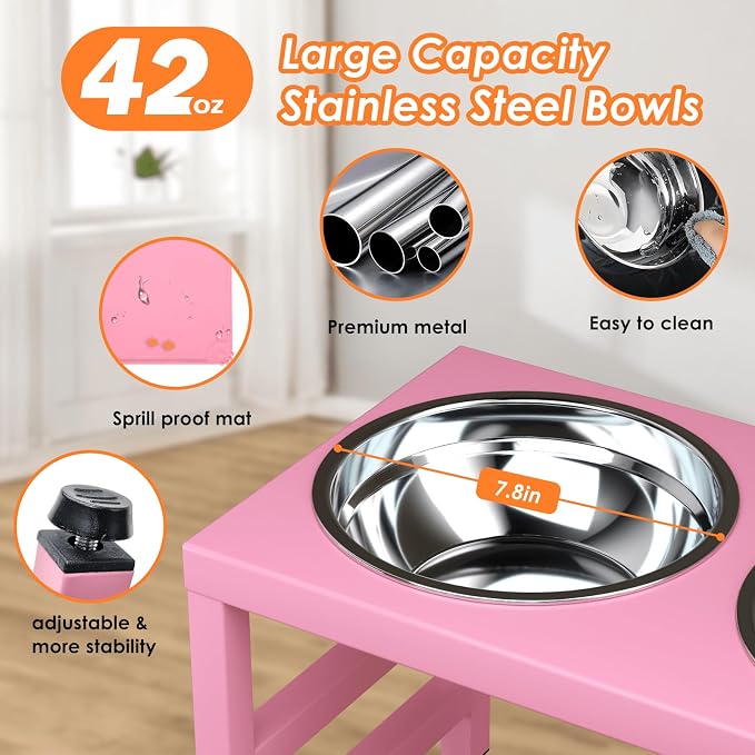 ADENGL Pink Metal Raised Dog Bowl Stand for Large Dogs, Stronger Elevated Dogs Bowls with Sprill Proof Mat, Food & Water Bowl 10in Tall Feeder (42OZ-Stainless Steel Dog Bowls, Mat-12x19 in) - Image 3