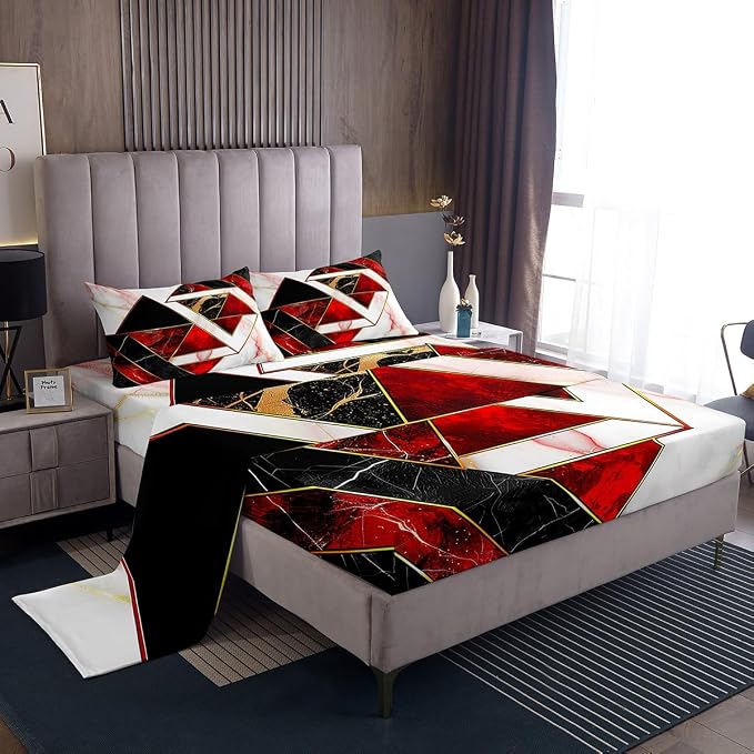 Marble Sheet Set Full Size - Pink Red Black White Marble Bed Sheets - Geometric Triangle Bedding Set - Extra Soft - 1 Fitted Sheet, 1 Flat Sheet, 2 Pillowcases - 4 Pcs Tie Dye Sheet for Bedroom Decor by Erosebridal