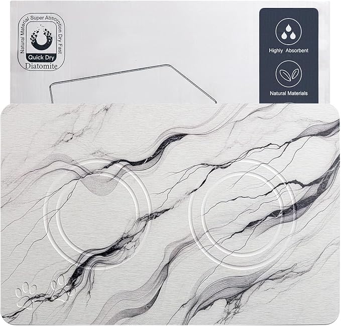 Diatomite Stone Pet Feeding Mat for Dog Cat Super Absorbent Diatomite Quick Drying Stone Dog Food Water Mat, Dog Mats for Food and Water with Non-Slip Station, Fast Dry Pet Mats,Marble White by PetGettingMuchHeathier