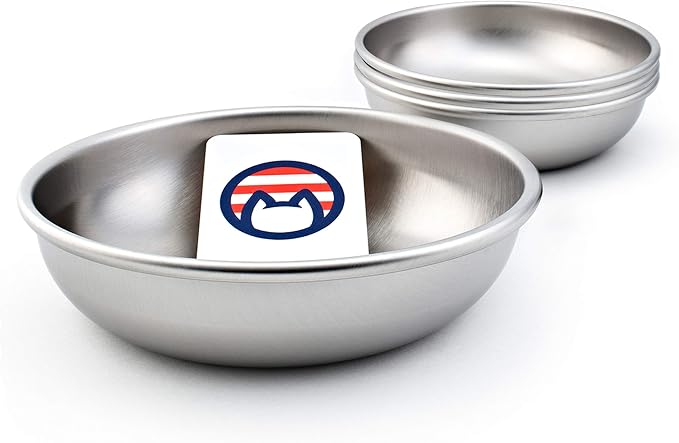 Stainless Steel Cat Bowls for Food & Water by Americat – Made in USA – Dishwasher Safe, Human Grade, Whisker Friendly Dishes (4 Bowls) by AmericatCompany