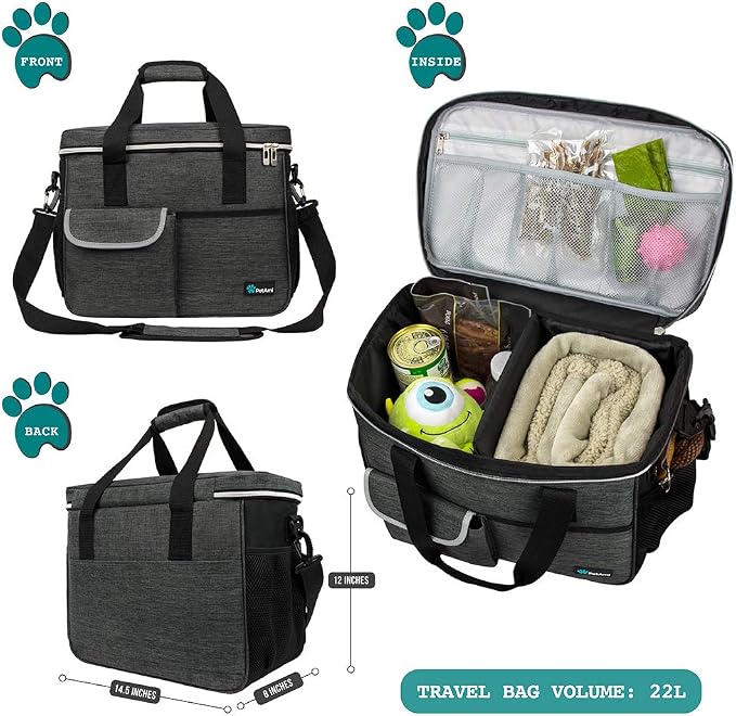 PetAmi Dog Travel Bag Organizer, Pet Travel Kit with 2 Food Containers & 2 Collapsible Dog Bowls, Pet Supplies Tote with Luggage Sleeve, Weekend Road Trip Camping Essentials, Dark Gray, Medium - Image 2