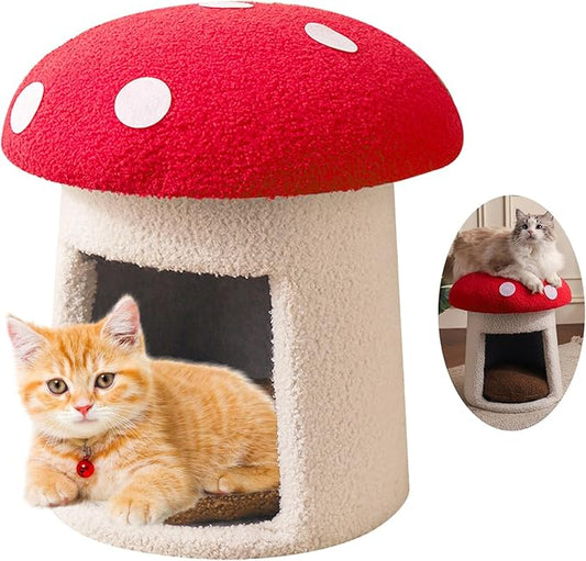 Mushroom Cow Cat Bed House for Indoor Cats & Small Dogs - Soft Cave-Style Pet Nest with Removable Washable Cushion, Plush Semi-Enclosed Cat Cave Tent, (red and White, Sturdy) by Chzisuyy
