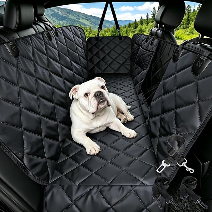 Dog Car Seat Cover for Back Seat | Mesh Window & Safety Belt | 100% Waterproof Dog Hammock for Safe Travel with Side Door Protectors | Non-Slip, Scratchproof Pet Rear Seat Cover for Car, SUV,Truck by Comwish